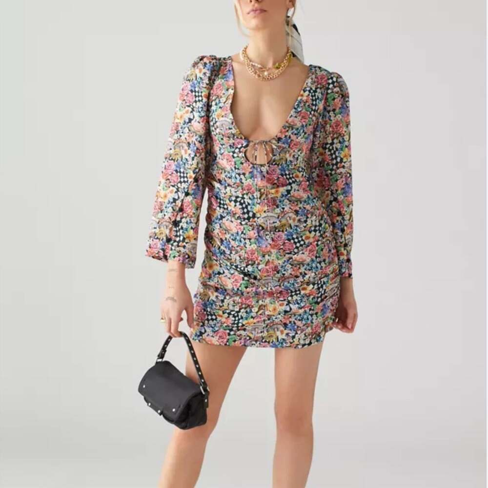 NWT FOR LOVE & LEMONS Women’s June Checkered Mushroom Deep V Mini Dress